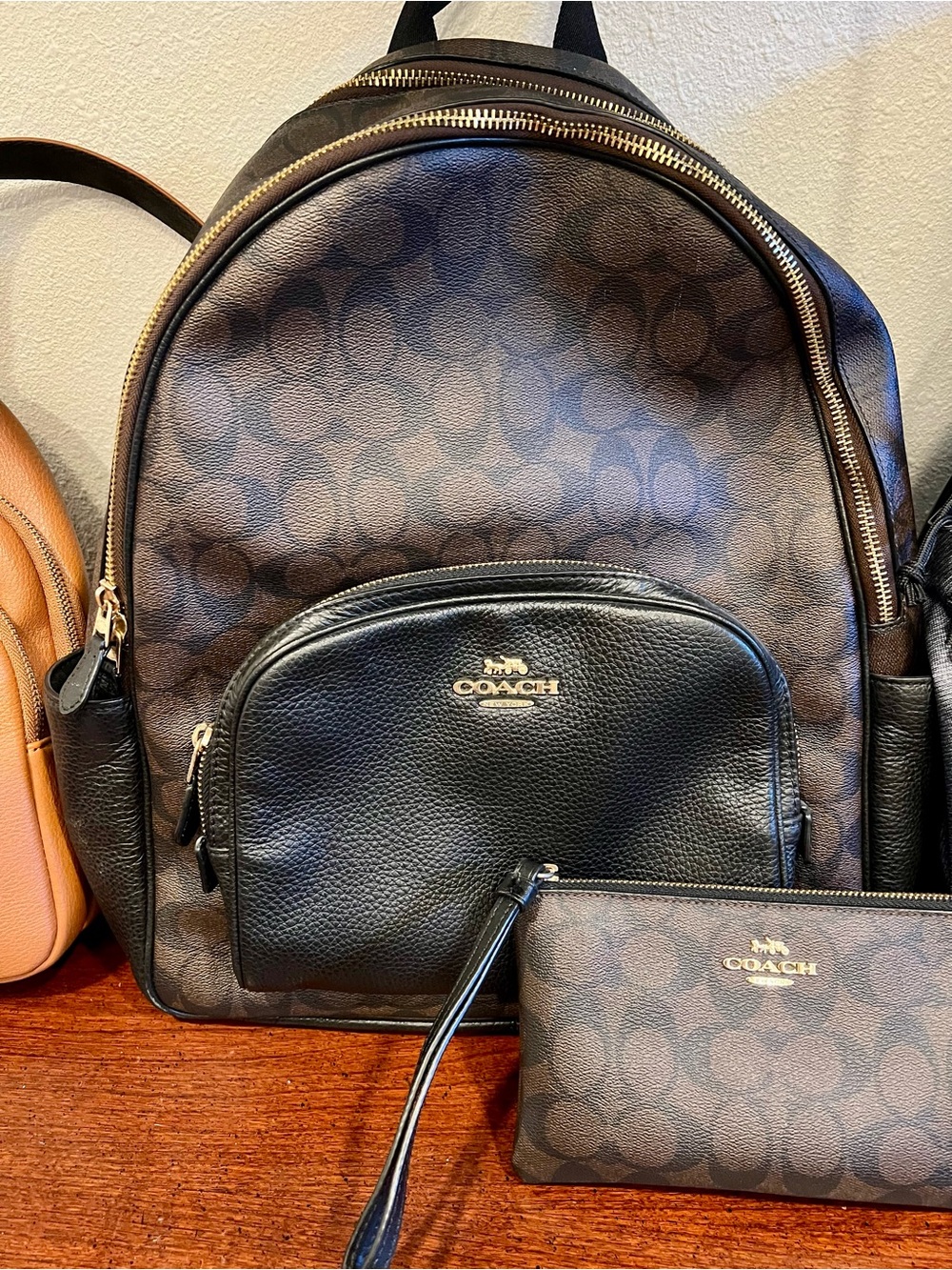 Coach  Signature Brown & Black Backpack with Wristlet